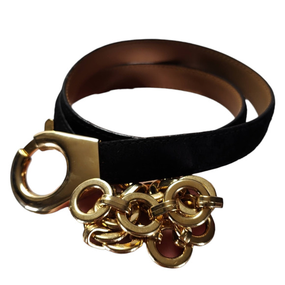 Black Suede Belt Gold Chain Statement Hardware M/L Minimalist Modern